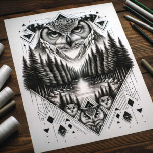 owl-energy-tattoo – tattoo design ideas free ai generated – neotraditional-deep-blacks – for-collarbone – Gallery: owls-inkby-ai