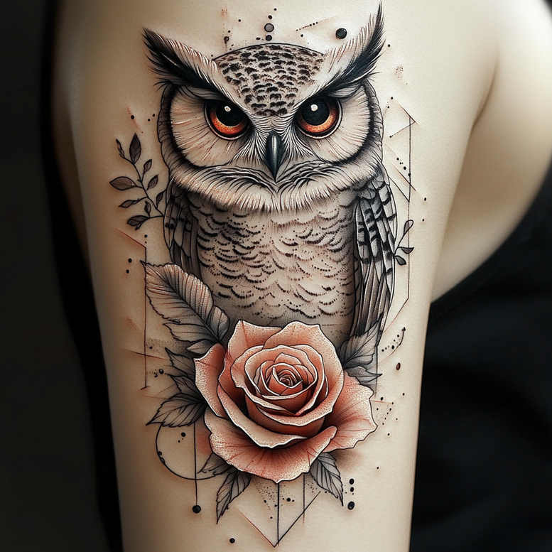 owl-magical-tattoo – tattoo design ideas free ai generated – realism-subtle-gradients – for-upper-thigh – Gallery: owls-inkby-ai