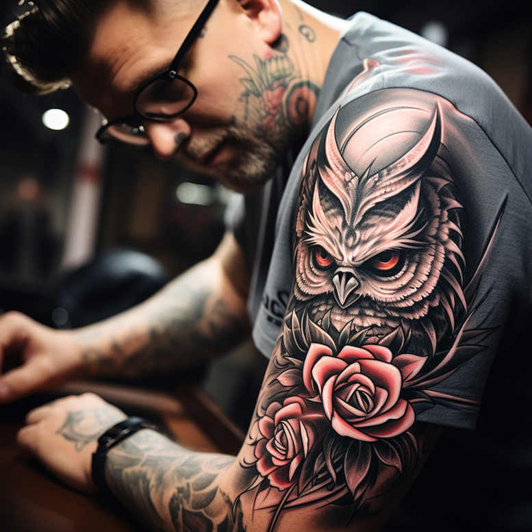 ornamental-owl-tattoo-neotraditional-sharp-contrast-for-shoulder-blade – tattoo design ideas free ai generated – Gallery: owls-inkby-ai
