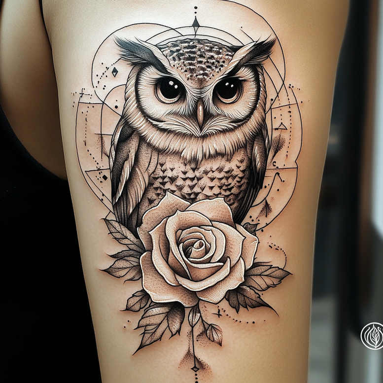 owls tattoo design ideas vibrant palette dark background shows strength