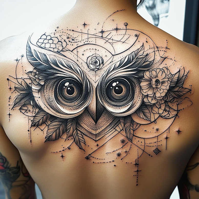 owls tattoo design ideas Realism natural contrast naturalistic for lower chest