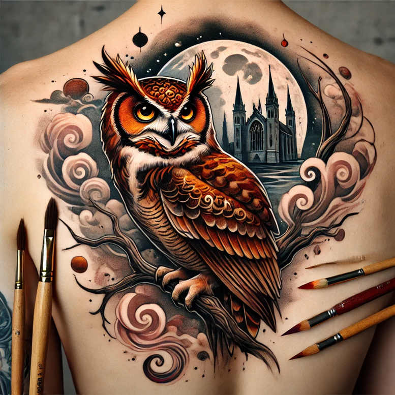 wisdom-owl-tattoo – tattoo design ideas free ai generated – neotraditional-classic-motifs – for-thigh – Gallery: owls-inkby-ai