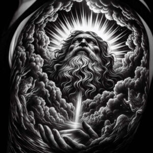 Patterned bearded celestial figure above upturned hand, radiant halo, clouds, in black and grey; AI-generated tattoo project, cover-up-ready.