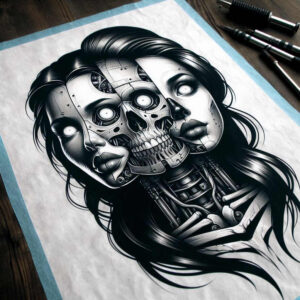 Face, skull, hand, machinery, hair in black and grey; pattern-heavy AI-generated tattoo project; cover-up suitable.