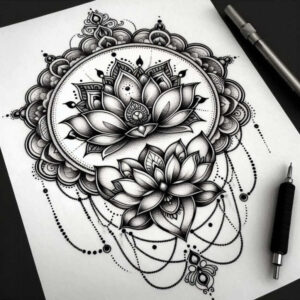 Two lotus flowers over a circular mandala with bead chains; black and grey, AI-generated tattoo project, suitable for cover-up, pattern.