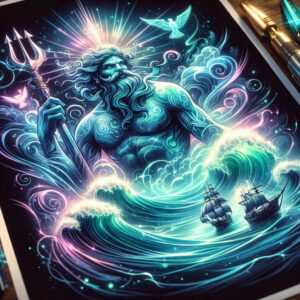 Colorful neon sea god with trident, waves, ships, and seabirds on a dark background; pattern elements; AI-generated tattoo project; cover-up suitable.