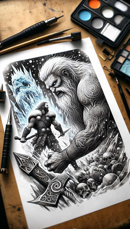 Black and grey Odin-inspired tattoo design concept showing Odin with two wolves, runes and cloak; AI-generated idea; cover-up ready.