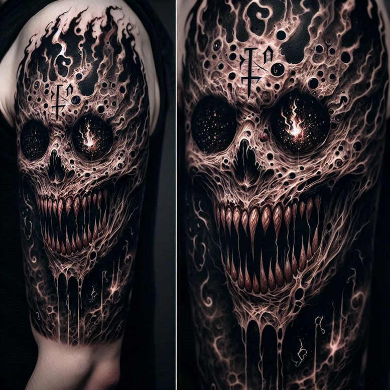 Skull tattoo on arm in black and grey with flame pattern and circular holes forming a cosmic skull; AI-generated tattoo project; suitable for cover-up.