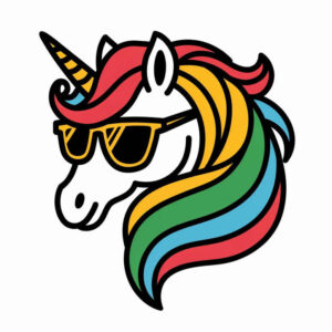 Unicorn head in white with rainbow mane (red, orange, yellow, green, blue, purple) and yellow sunglasses; golden horn; color illustration for a tattoo project; pattern-rich mane; suitable for cover-up.