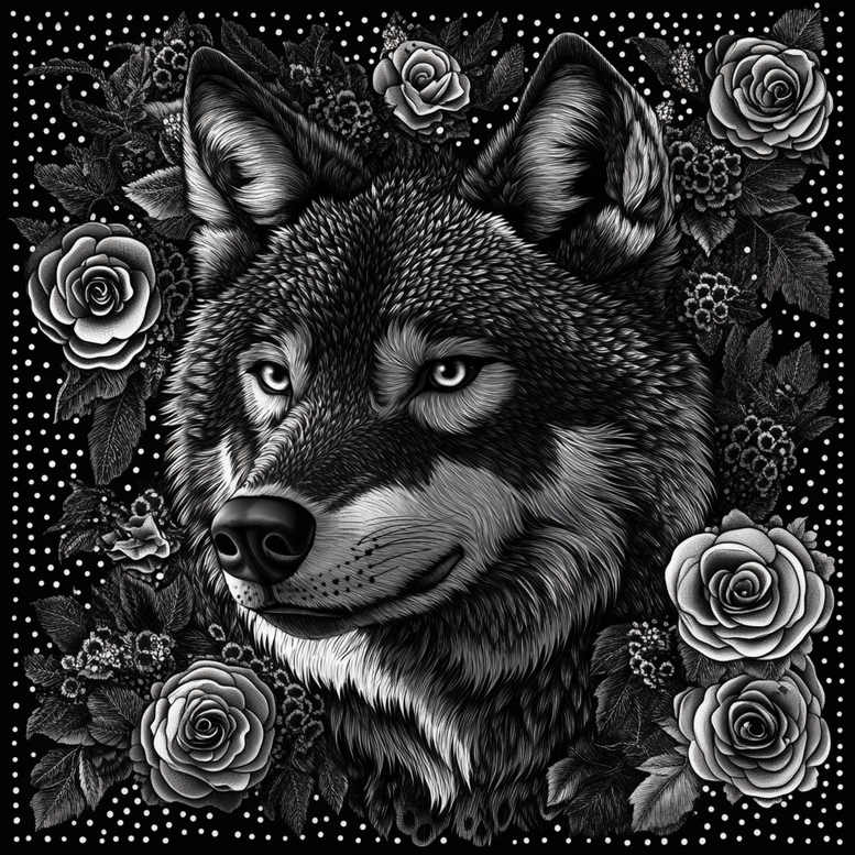 Wolf head in black and grey with roses and leaves; pattern-rich tattoo project, suitable for cover-up.