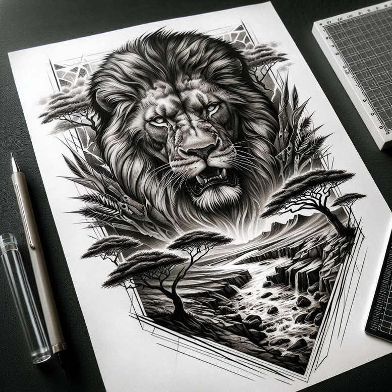 Lion head in black and grey with savanna tree, river, and rock; tattoo project idea, cover-up-ready, pattern.