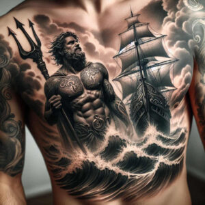 Black and grey tattoo project showing trident, sea god, ship, and waves; ideal for a cover-up; pattern.