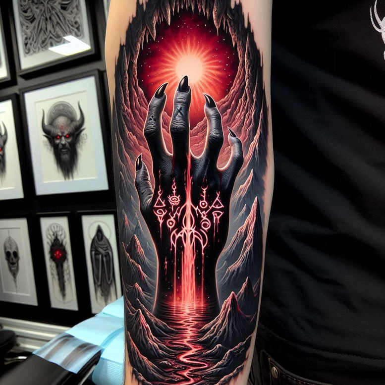 Forearm black-and-grey tattoo of a hand rising from a cavern toward a glowing red sun, jagged mountains, and a water reflection; features pattern glyphs at the wrist; cover-up-ready AI-generated tattoo project.