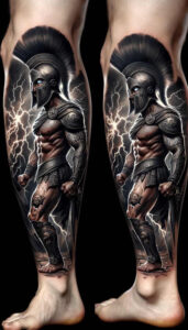 Two legs display a black-and-grey patterned Spartan warrior tattoo with a plumed helmet, ornate armor, muscular torso, sword, and lightning; cover-up project suitable for concealing previous work.