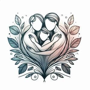 Colored line-art of a family embracing inside a heart formed by intertwined leaves, gradient from blue to pink; tattoo project idea; pattern-themed.