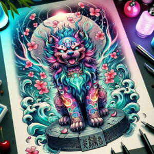 Guardian lion on a circular pedestal with turquoise and pink fur, pink blossoms, and stylized waves; color tattoo project; not a cover-up.