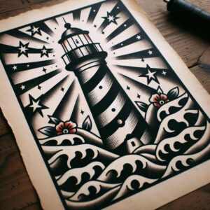 Lighthouse, waves, star shapes, and two red flowers; black and grey with red accents; tattoo project; cover-up suitable; pattern.