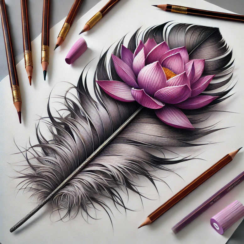 Lotus in purple tones atop a detailed black and grey feather, with pencils and a purple eraser; AI-generated tattoo project idea.