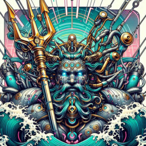Colorful AI-generated tattoo project concept with a bearded face, glowing blue eyes, trident, mechanical tentacles, gears, pipes, and crashing waves; pattern-rich, not a cover-up.