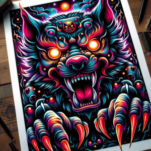 Wolf head with glowing eye, open mouth, claw, and orb; colorful neon on dark background; AI-generated cover-up-ready tattoo project.