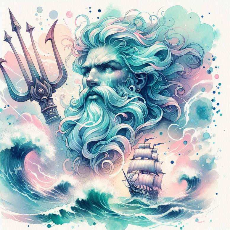 Colorful Poseidon-inspired composition with a bearded god wielding a trident, crashing waves, and a distant ship; color tattoo concept.