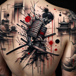 Samurai in black and grey armor with two katana blades, against pagoda silhouettes and red ink splatters; a tattoo project, suitable for cover-up.