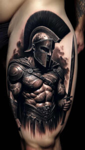 Spartan helmet, sword, breastplate, and cape in black and grey ink; tattoo project with patterned armor engravings; cover-up suitable.