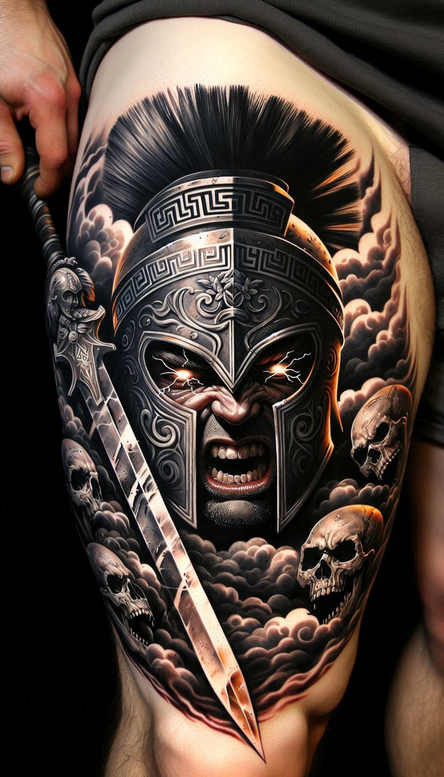 Spartan helmet, spear, skull, cloud; black and grey; tattoo project; cover-up-ready; patterned engravings.