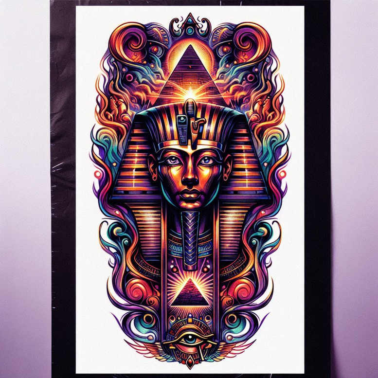 Pharaoh, pyramid, eye; full color; AI-generated tattoo project; not ideal for cover-up.