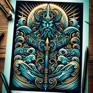 Full-color Viking warrior with horned helmet, ornate armor, spear, and teal pattern-rich waves on a black background; AI-generated tattoo project; cover-up-ready.