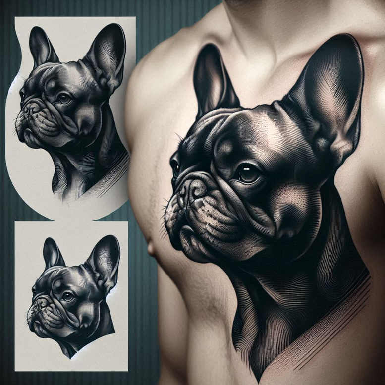 Bulldog head and torso on the chest in black and grey; tattoo design idea for cover-up.
