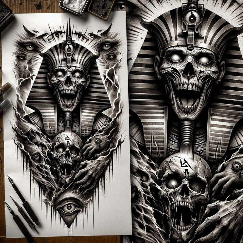 Black and grey tattoo design featuring a central skull wearing a striped pharaoh crown, a second skull below, and an all-seeing eye; suitable for cover-up project.