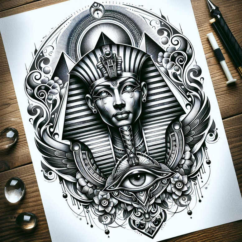 Pharaoh mask with eye and wings in black and grey, tattoo project idea, suitable for cover-up.
