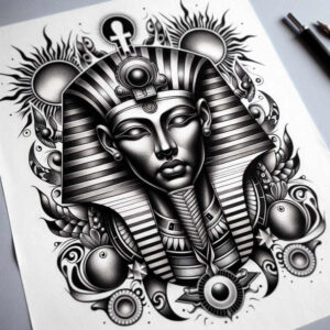 Pharaoh mask with striped nemes headdress, black and grey shading, circular orbs, lotus accents; AI-generated tattoo project, pattern-rich and suitable for cover-up.