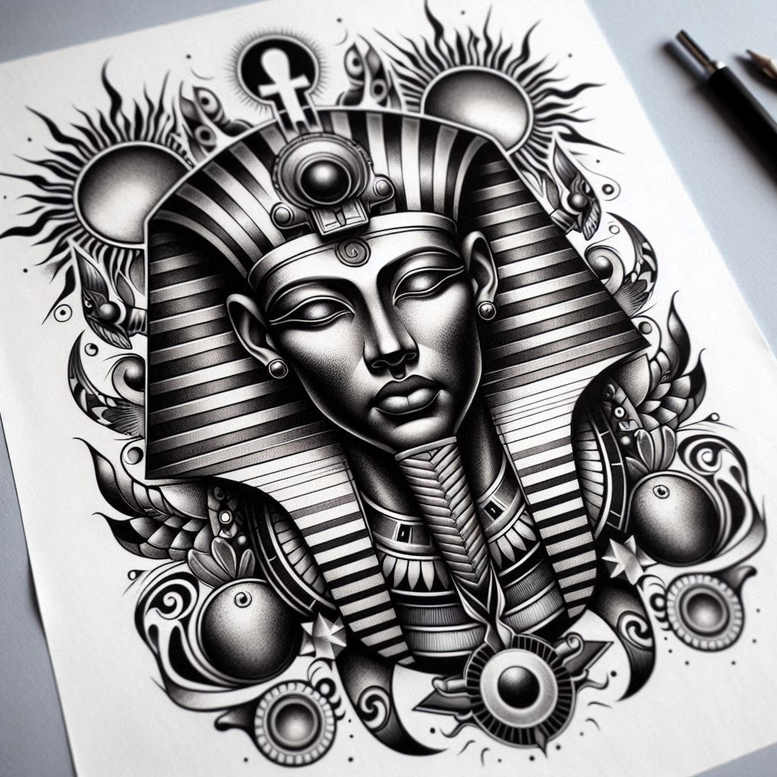 Pharaoh mask with striped nemes headdress, black and grey shading, circular orbs, lotus accents; AI-generated tattoo project, pattern-rich and suitable for cover-up.
