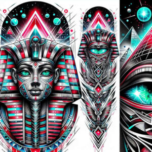 Pharaoh mask in turquoise, pink, and black with neon outlines; eyes turquoise; headdress with geometric blocks; pyramids and orbs; tattoo project; not suited for cover-up.
