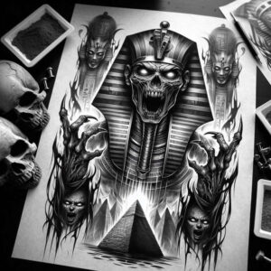mystical-pharaoh – tattoo design ideas free ai generated – neotraditional-bold-highlights – for-elbow – Gallery: pharaoh-inkby-ai