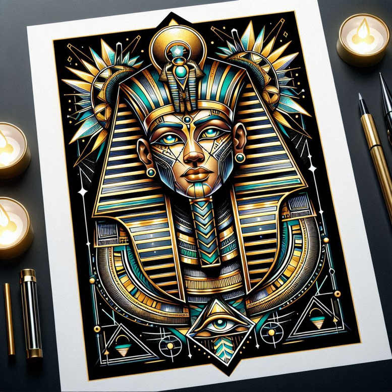 Pharaoh mask with turquoise and gold headdress, geometric lines and eye motif on a black background; AI-generated tattoo project; suitable for cover-up.