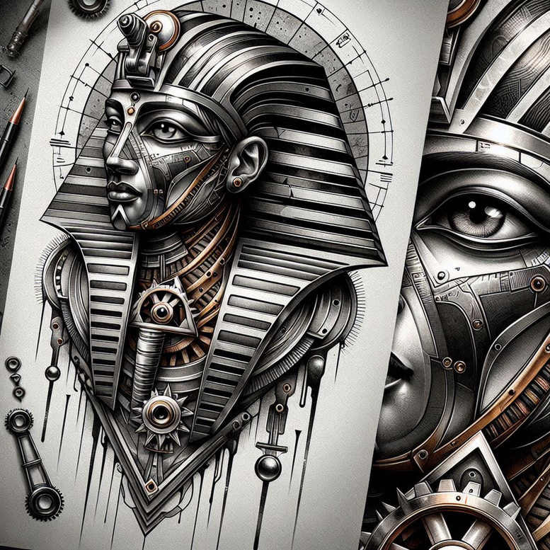 Pharaoh head in black and grey mechanical sculpture with gears, tubes, and pattern elements; project idea; suitable for cover-up.