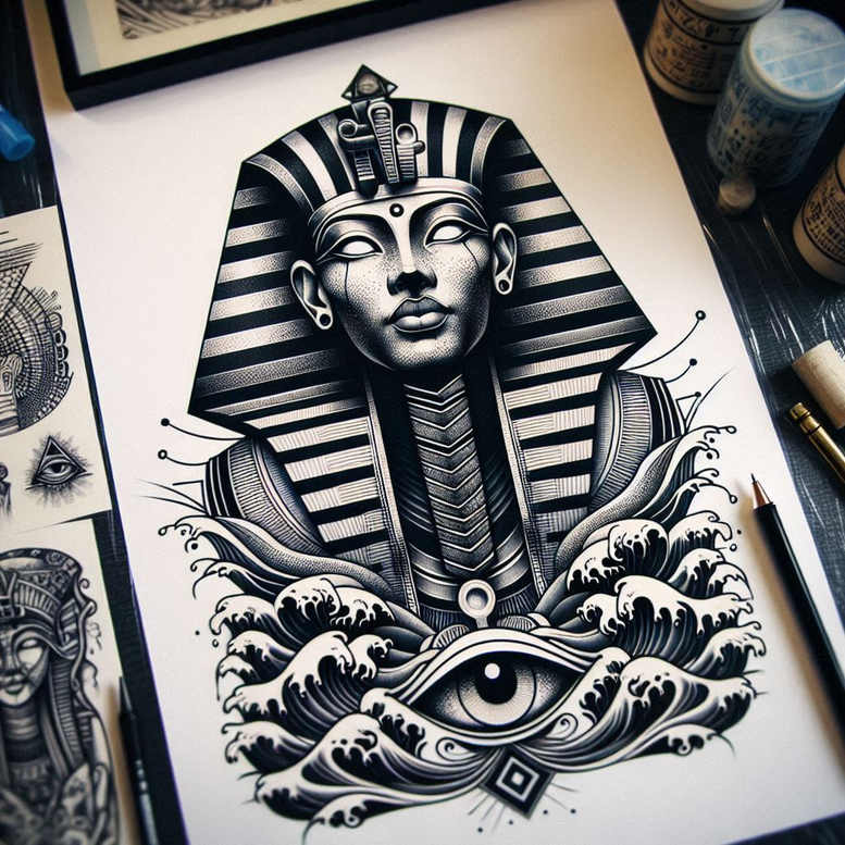 pharaoh-realistic-tattoo – tattoo design ideas free ai generated – realism-natural-contrast – for-lower-leg – Gallery: pharaoh-inkby-ai
