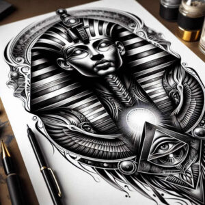 pharaoh-wealth-symbol – tattoo design ideas free ai generated – realism-deep-shadows – for-temple – Gallery: pharaoh-inkby-ai