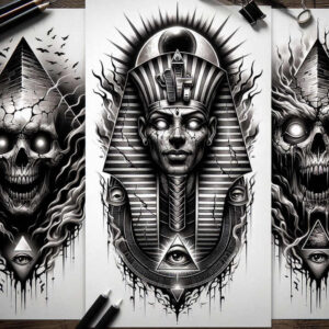pharaoh-with-ancient-motif – tattoo design ideas free ai generated – realism-soft-contrast – for-outer-arm – Gallery: pharaoh-inkby-ai