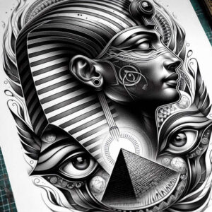 pharaoh-with-crown – tattoo design ideas free ai generated – neotraditional-vivid-detail – for-thigh – Gallery: pharaoh-inkby-ai