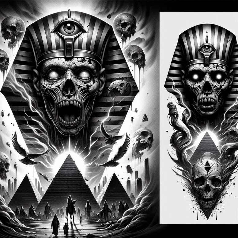 pharaoh-with-cult – tattoo design ideas free ai generated – surrealism-esoteric-symbolism – for-upper-chest – Gallery: pharaoh-inkby-ai