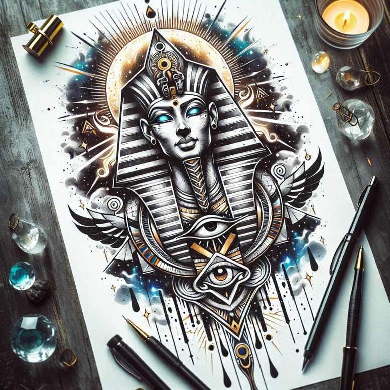 pharaoh-with-cult – tattoo design ideas free ai generated – surrealism-hallucinogenic – for-toe – Gallery: pharaoh-inkby-ai