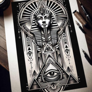 pharaoh-with-decorations – tattoo design ideas free ai generated – realism-light-and-shadow-play – for-heel – Gallery: pharaoh-inkby-ai