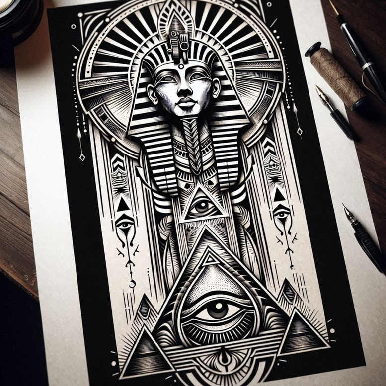 pharaoh-with-decorations – tattoo design ideas free ai generated – realism-light-and-shadow-play – for-heel – Gallery: pharaoh-inkby-ai