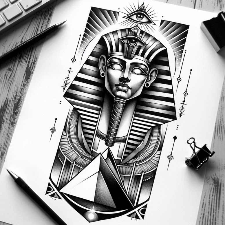 pharaoh-with-decorations – tattoo design ideas free ai generated – realism-moist-effect – for-ribs – Gallery: pharaoh-inkby-ai