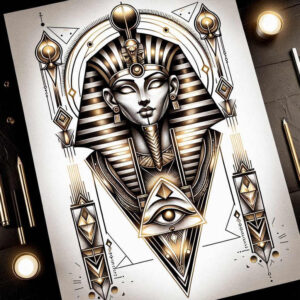 pharaoh-with-detail – tattoo design ideas free ai generated – surrealism-floating-elements – for-full-back – Gallery: pharaoh-inkby-ai