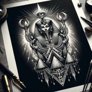 pharaoh-with-dynasty – tattoo design ideas free ai generated – neotraditional-layered-color – for-upper-back – Gallery: pharaoh-inkby-ai